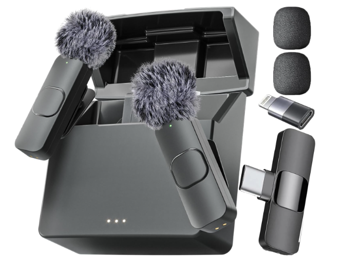 Mini Mic Pro Wireless Microphone for iPhone, iPad, Android, Lavalier Microphone for Video Recording - 2 Pack iPhone Mic Crystal Clear Recording with USB-C for Podcast, ASMR (with Charging Case)